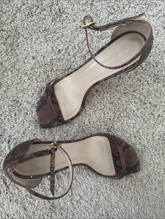 Stuart Weitzman Shoes - Stuart Weitzman Brown Snake-Print Ankle Strap Heels